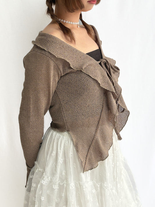 Flared Sleeve Ruffled Jacquard Frill Cardigan (Mocha)