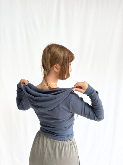 Daily Ribbed Layered V Neck Hoodie (Blue)