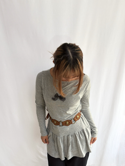 Soft Layered Long Sleeve Off-Shoulder Top (Grey)