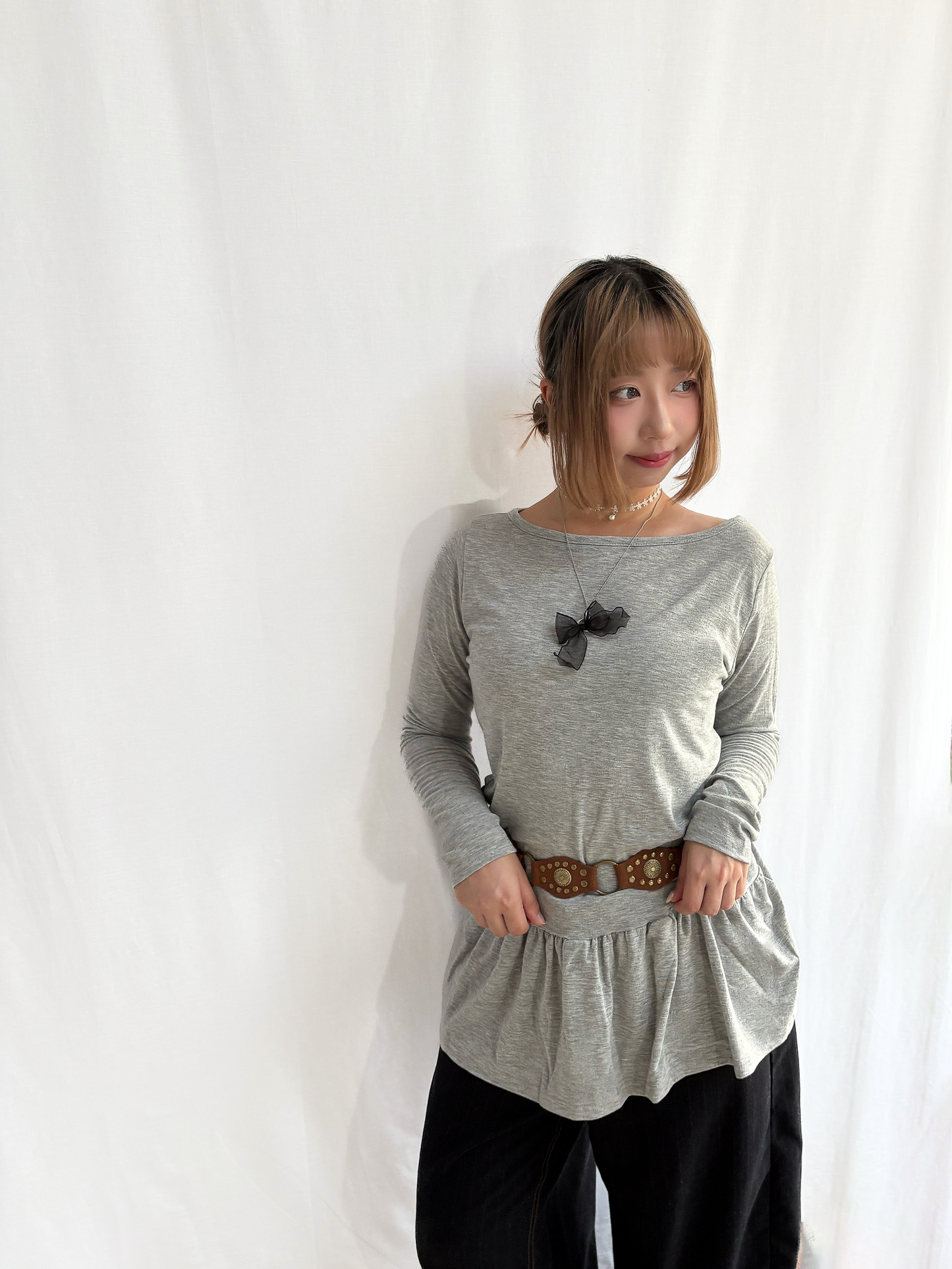 Soft Layered Long Sleeve Off-Shoulder Top (Grey)