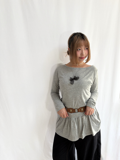 Soft Layered Long Sleeve Off-Shoulder Top (Grey)