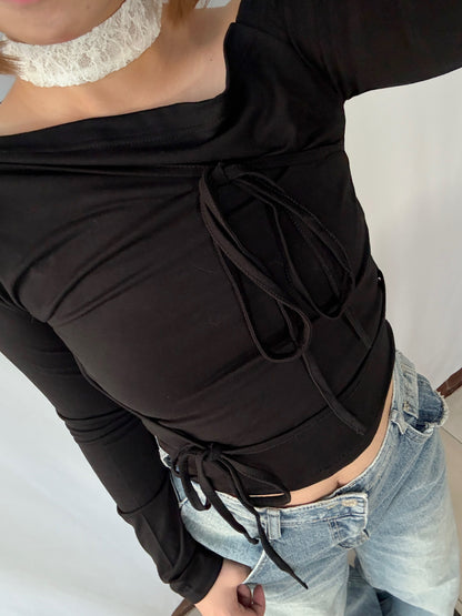 Off-shoulder Strap Ribbon Shirring Long Sleeve Top (black)