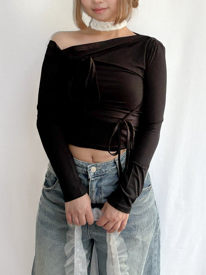 Off-shoulder Strap Ribbon Shirring Long Sleeve Top (black)