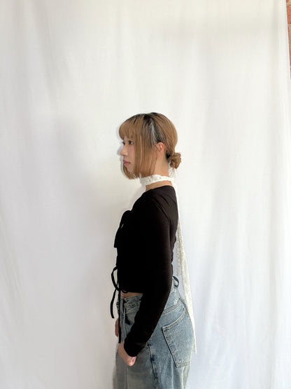 Off-shoulder Strap Ribbon Shirring Long Sleeve Top (black)