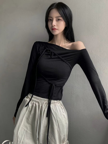 Off-shoulder Strap Ribbon Shirring Long Sleeve Top (black)