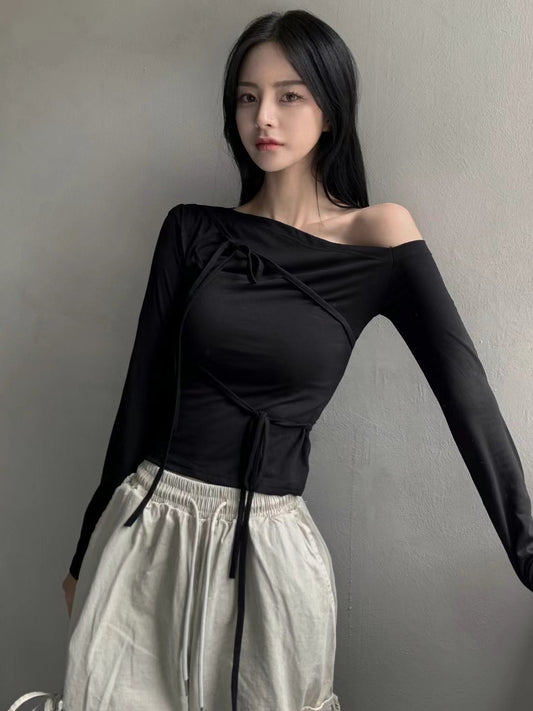 Off-shoulder Strap Ribbon Shirring Long Sleeve Top (black)