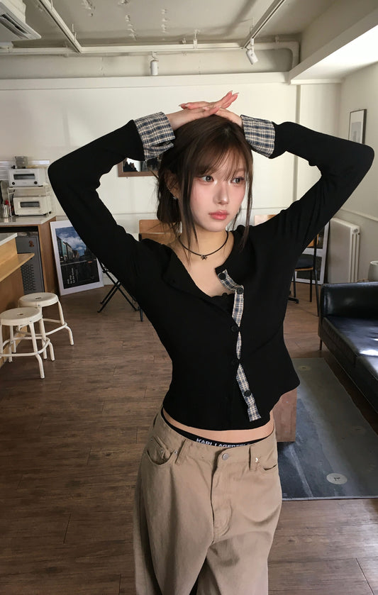 Pretty Check Color Round Slim Fit Cardigan - 2color