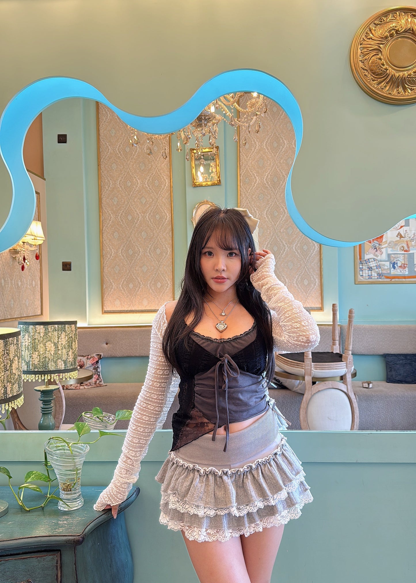 Premium Lace Layered Ruffle Mini Skirt with Bow details