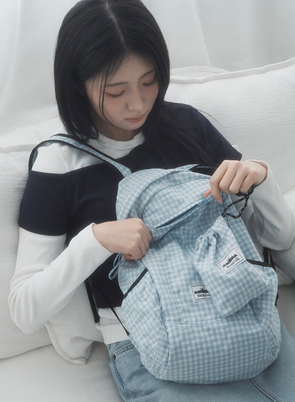 [Heisan] Compact Pocket Bag v1 Gingham Check Backpack (Skyblue)