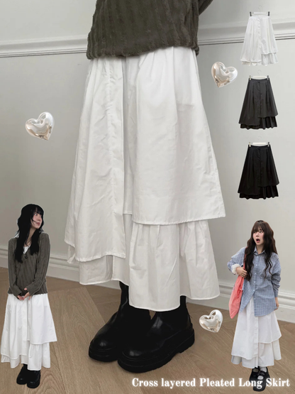 Cross Layered Pleated Long Skirt