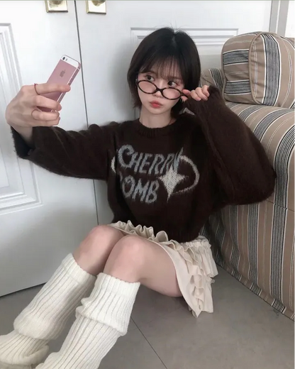 (DEC NEW) Round Neck Cherry Bomb Short Brush Knit