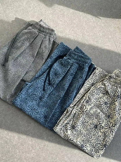 Unisex Floral pigment print loose-fit cotton one size pants