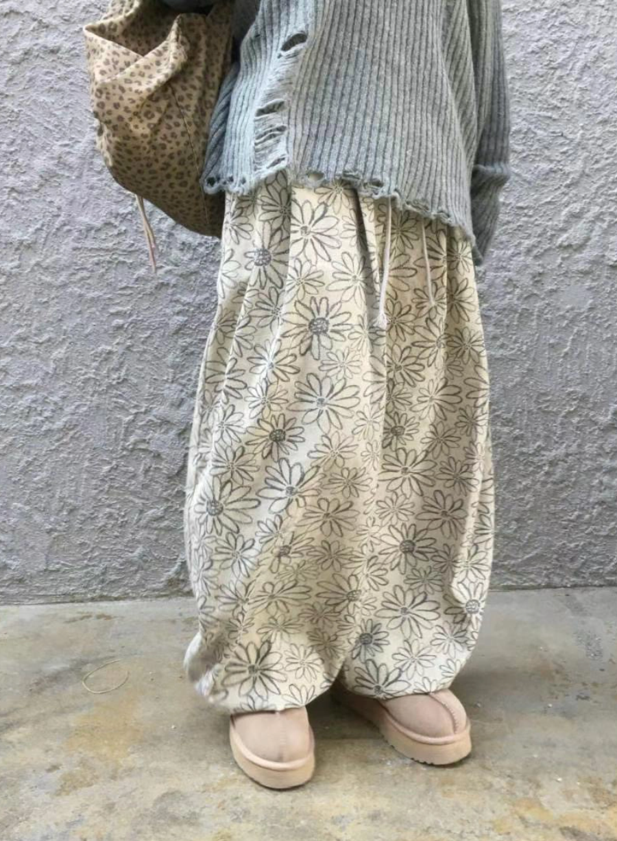 Unisex Floral pigment print loose-fit cotton one size pants