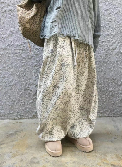 Unisex Floral pigment print loose-fit cotton one size pants