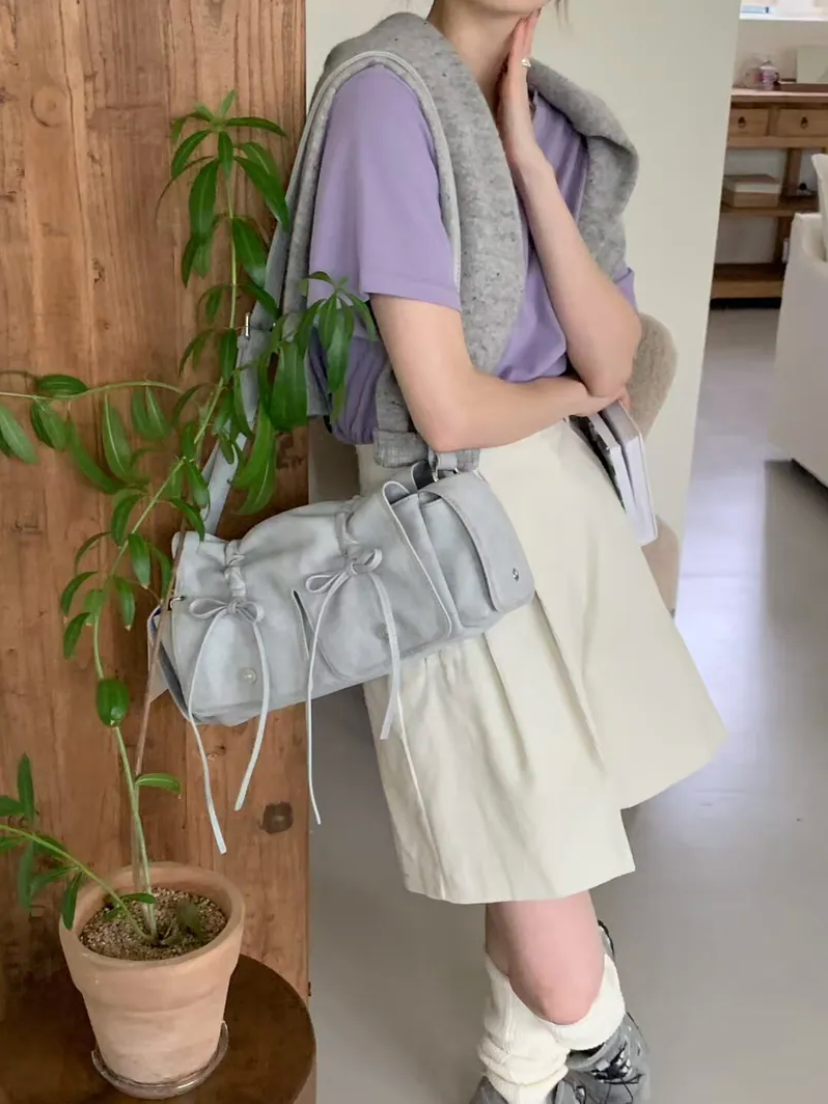 Grey Designer Brand Ribbon Leather Shoulder Bag (Large/Mini)