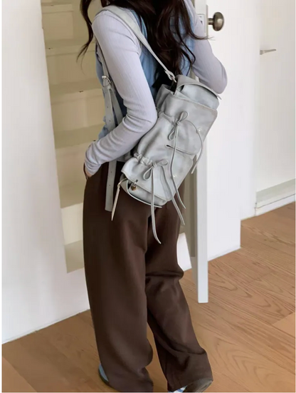 Grey Designer Brand Ribbon Leather Shoulder Bag (Large/Mini)