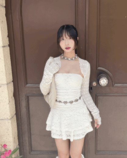 Angelcore Ruched Floral Lace Tiered Ruffle Mini Dress