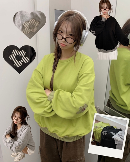 Spring Flower Patch Striped Pattern Loose Fit Sweater