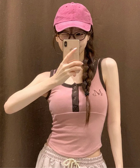 Brand Week Sale -07.13[Mucent] Color Pop Contrast Button Crop Ribbed Sleeveless (6 Colors)