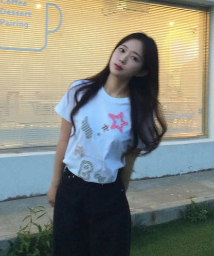 [Ambler] Angel & Star Elements Check Patch Short Sleeve T-shirt (Oversized/ Crop/ 2 Colours)