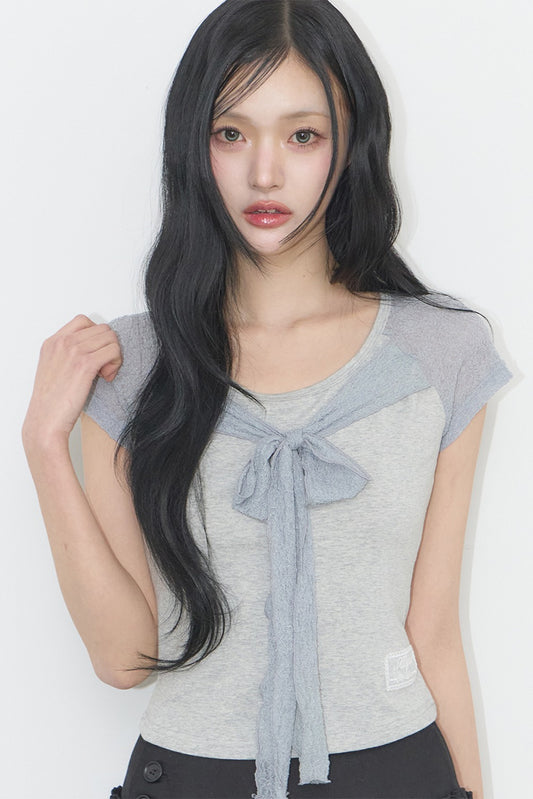 [ILLIGO]  Lace Ribbon Color Block T-shirt (3 Colours)