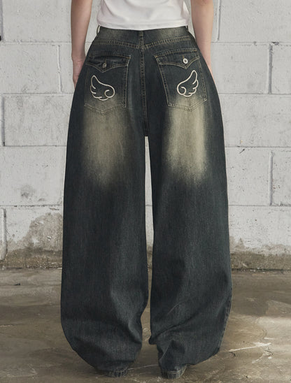 [LOOXP] Washed Back Pocket Balloon Wide Denim Pants Vintage Dark Blue