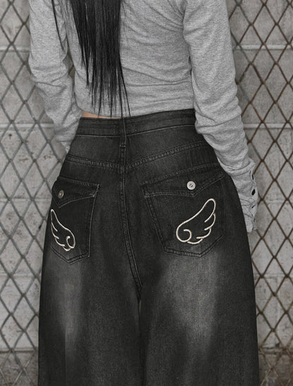 [LOOXP] Angel Wing Washed Back Pocket Balloon Wide Denim Pants Black Denim