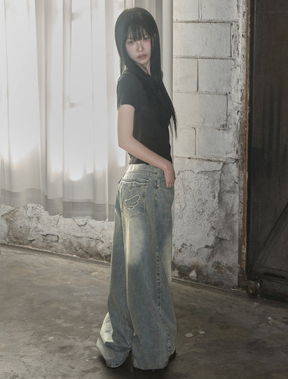 [LOOXP] Angel Wing Washed Back Pocket Balloon Wide Denim Pants Light Blue