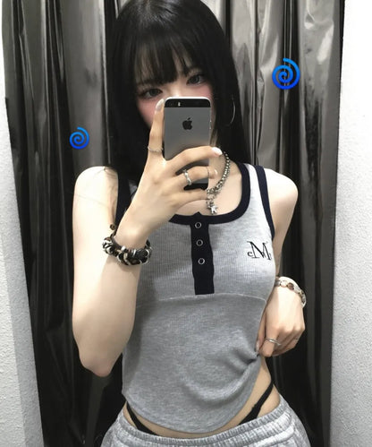 Brand Week Sale -07.13[Mucent] Color Pop Contrast Button Crop Ribbed Sleeveless (6 Colors)