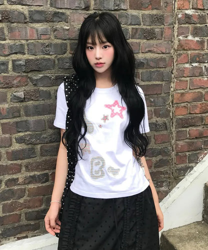 [Ambler] Angel & Star Elements Check Patch Short Sleeve T-shirt (Oversized/ Crop/ 2 Colours)