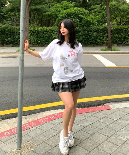 [Ambler] Angel & Star Elements Check Patch Short Sleeve T-shirt (Oversized/ Crop/ 2 Colours)
