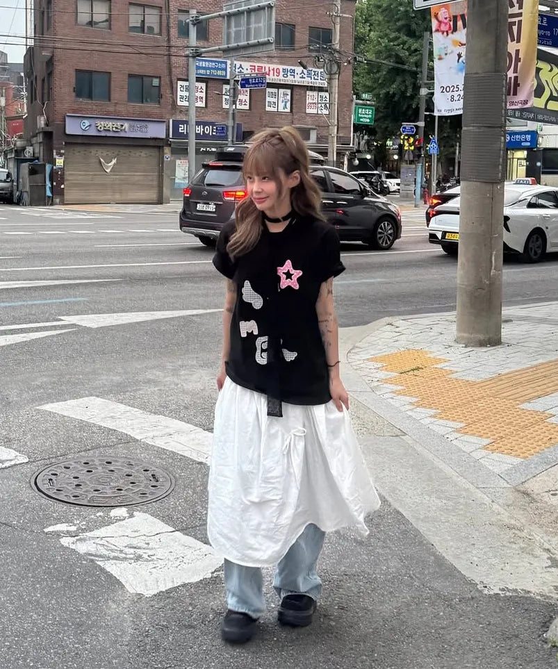[Ambler] Angel & Star Elements Check Patch Short Sleeve T-shirt (Oversized/ Crop/ 2 Colours)