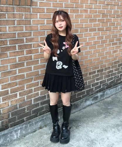 [Ambler] Angel & Star Elements Check Patch Short Sleeve T-shirt (Oversized/ Crop/ 2 Colours)