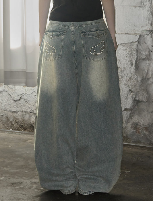 [LOOXP] Angel Wing Washed Back Pocket Balloon Wide Denim Pants Light Blue