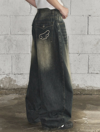 [LOOXP] Washed Back Pocket Balloon Wide Denim Pants Vintage Dark Blue
