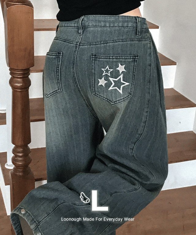 [LOOXP MADE] Pinter Stripe Embroidered Side Tuck Snap Wide Denim Long Pants