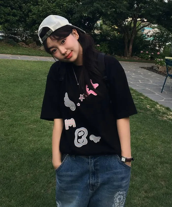 [Ambler] Angel & Star Elements Check Patch Short Sleeve T-shirt (Oversized/ Crop/ 2 Colours)