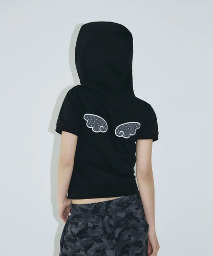 [SLEEKGLOW] Angel Applique Half Zip-Up Hoodie [Black]