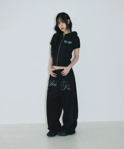 [SLEEKGLOW] Angel Applique Half Zip-Up Hoodie [Black]