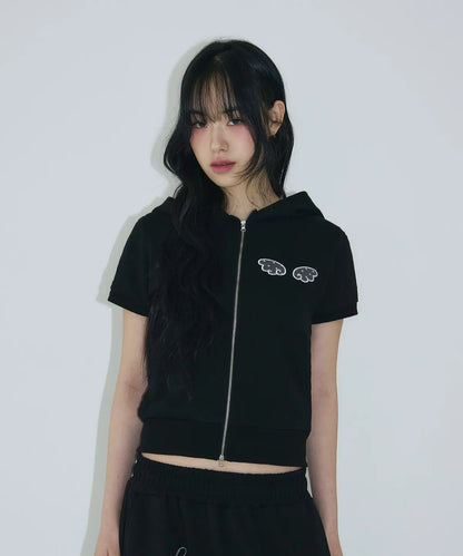 [SLEEKGLOW] Angel Applique Half Zip-Up Hoodie [Black]