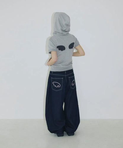 [SLEEKGLOW] Angel Applique Half Zip-Up Hoodie [Gray]
