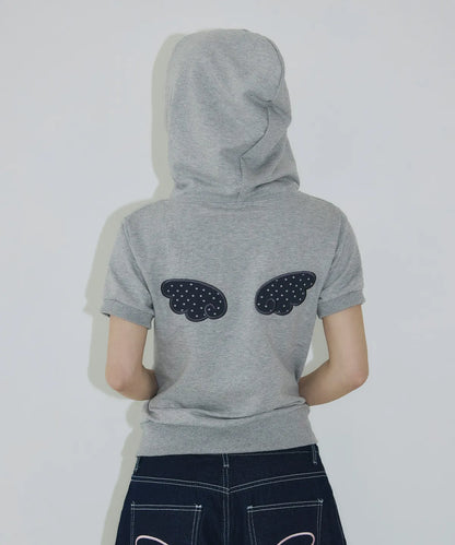 [SLEEKGLOW] Angel Applique Half Zip-Up Hoodie [Gray]