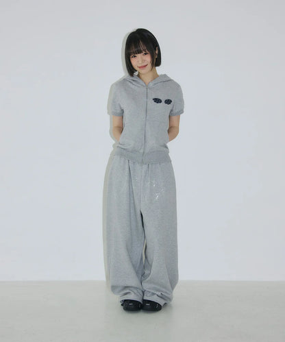 [SLEEKGLOW] Angel Applique Half Zip-Up Hoodie [Gray]