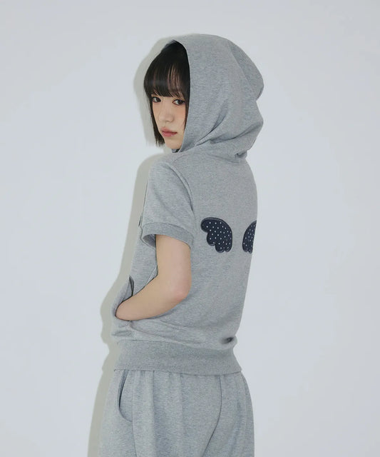 [SLEEKGLOW] Angel Applique Half Zip-Up Hoodie [Gray]