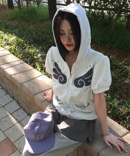 Musinsa Sale 11/6! ! [SOME PLACE] Angel Hoodie Check Contrast Detail Pocket Drawstring Puff Short Sleeve Zip-Up Hoodie [White]