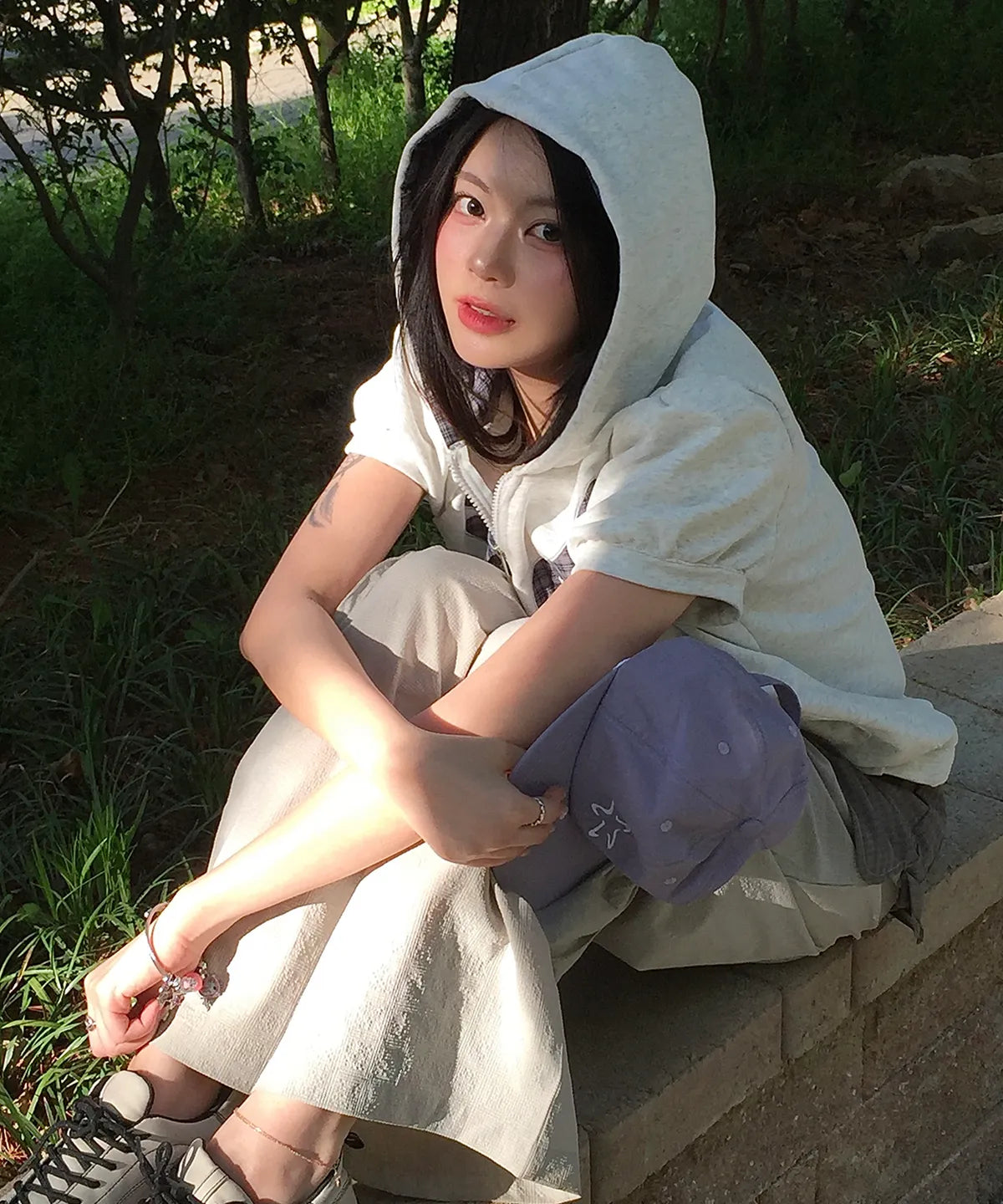 Musinsa Sale 11/6! ! [SOME PLACE] Angel Hoodie Check Contrast Detail Pocket Drawstring Puff Short Sleeve Zip-Up Hoodie [White]