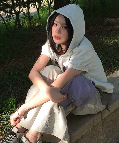 Musinsa Sale 11/6! ! [SOME PLACE] Angel Hoodie Check Contrast Detail Pocket Drawstring Puff Short Sleeve Zip-Up Hoodie [White]
