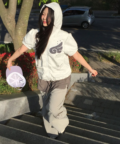Musinsa Sale 11/6! ! [SOME PLACE] Angel Hoodie Check Contrast Detail Pocket Drawstring Puff Short Sleeve Zip-Up Hoodie [White]