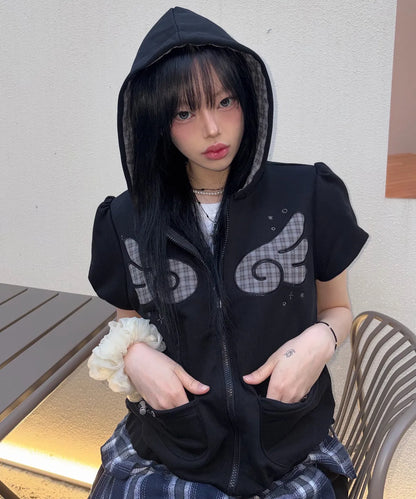 Musinsa Sale till 11/6! [SOME PLACE] Angel Hoodie Check Contrast Detail Pocket Drawstring Puff Short Sleeve Zip-Up Hoodie [Black]