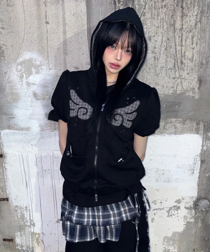 Musinsa Sale till 11/6! [SOME PLACE] Angel Hoodie Check Contrast Detail Pocket Drawstring Puff Short Sleeve Zip-Up Hoodie [Black]